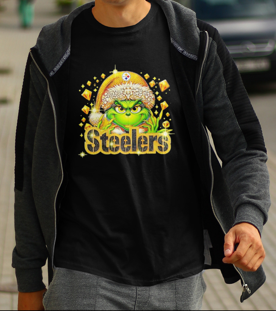 Pittsburgh Steelers Grinch Christmas Bling Santa Hat Holiday Merchandise T-Shirt