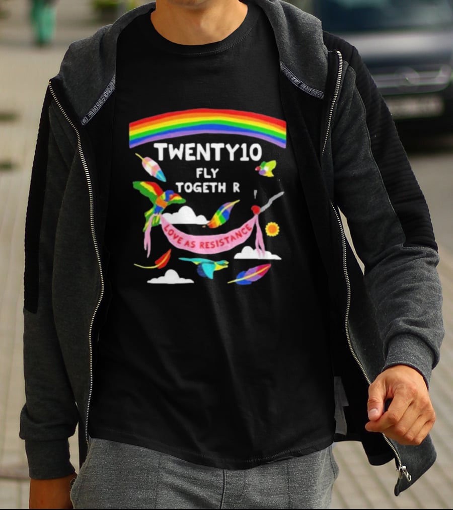 TWENTY10 Fly Together Love Is Resistance Rainbow Birds Clouds Sun T-Shirt