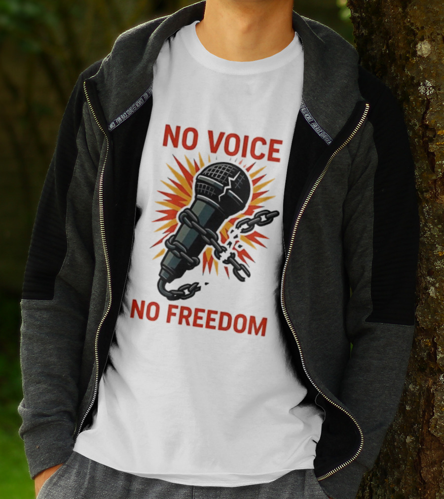 No Voice No Freedom Microphone And Chain Graphic T-Shirt
