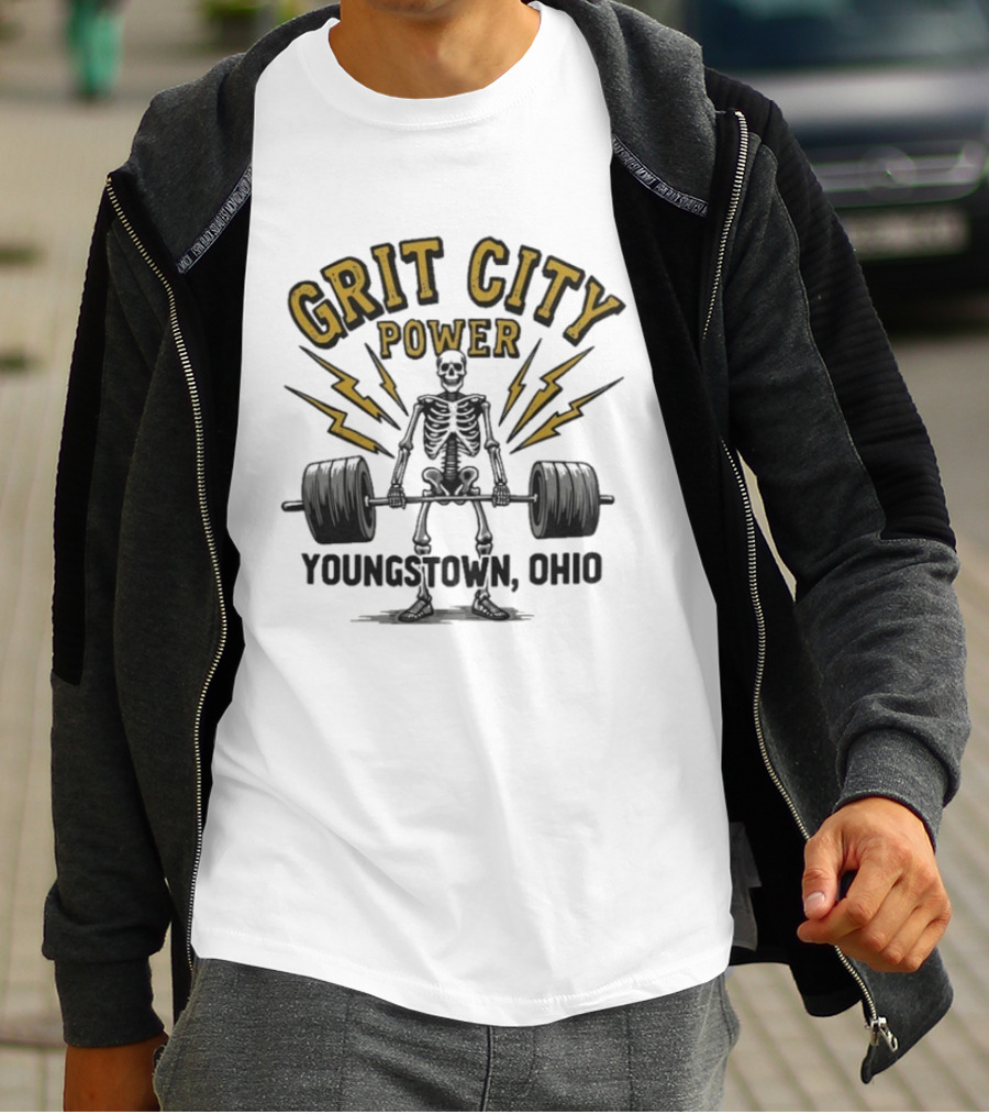 Grit City Power Youngstown Ohio Skeleton Weightlifting Strength T-Shirt