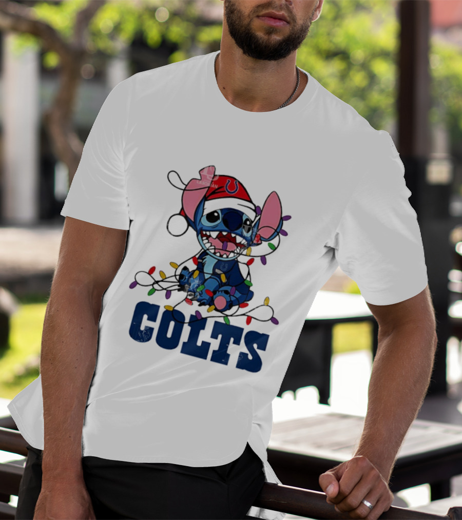 Indianapolis Colts Stitch Christmas Lights NFL Fan Art T-Shirt