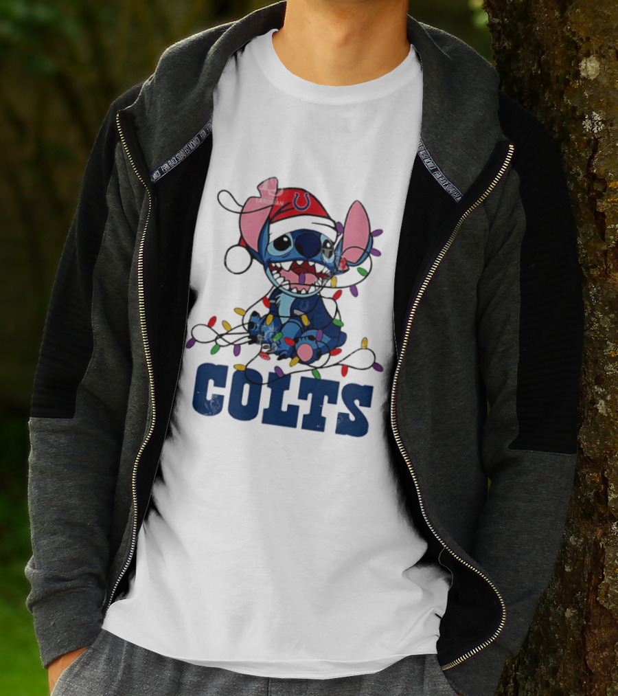 Indianapolis Colts Stitch Christmas Lights NFL Fan Art T-Shirt