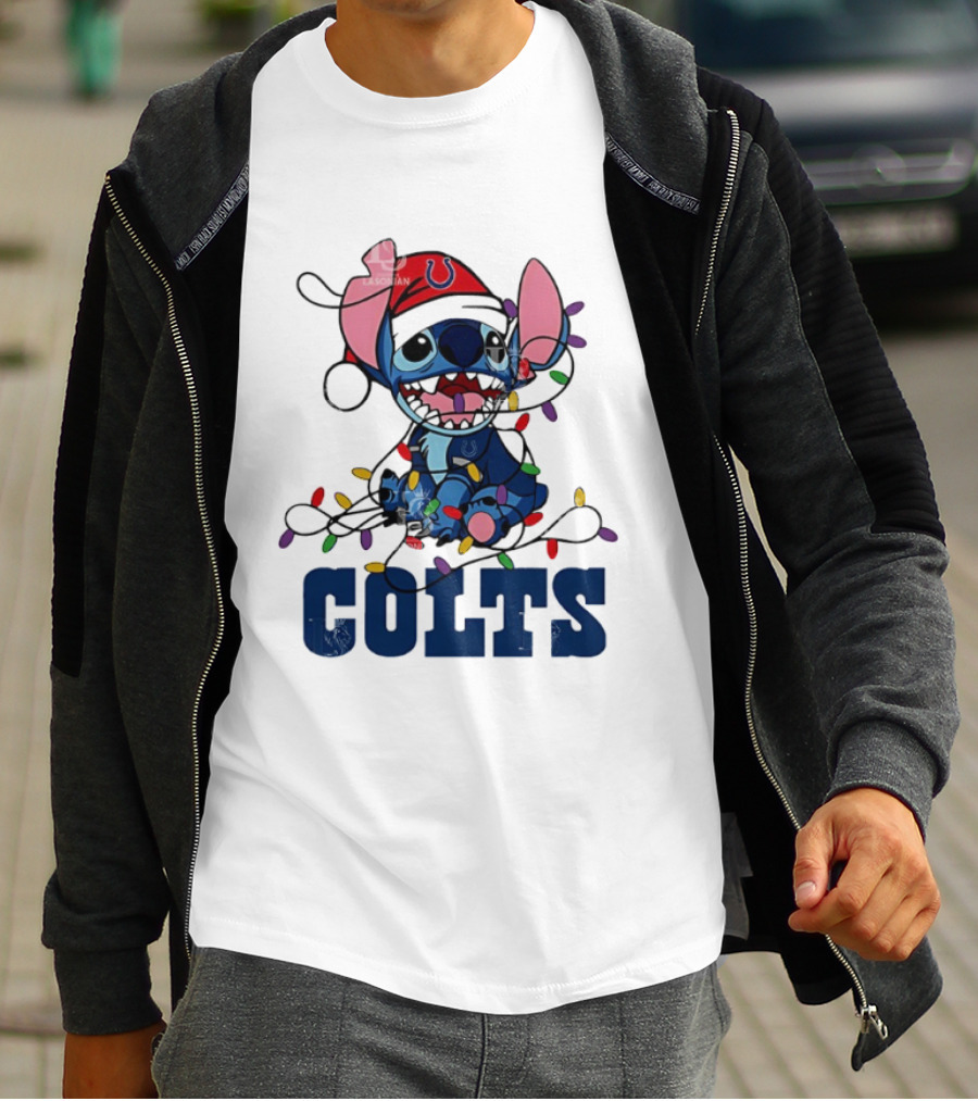 Indianapolis Colts Stitch Christmas Lights NFL Fan Art T-Shirt
