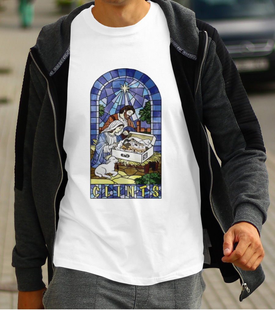 Nativity Stained Glass Clints Jesus Scene With Sneakers T-Shirt