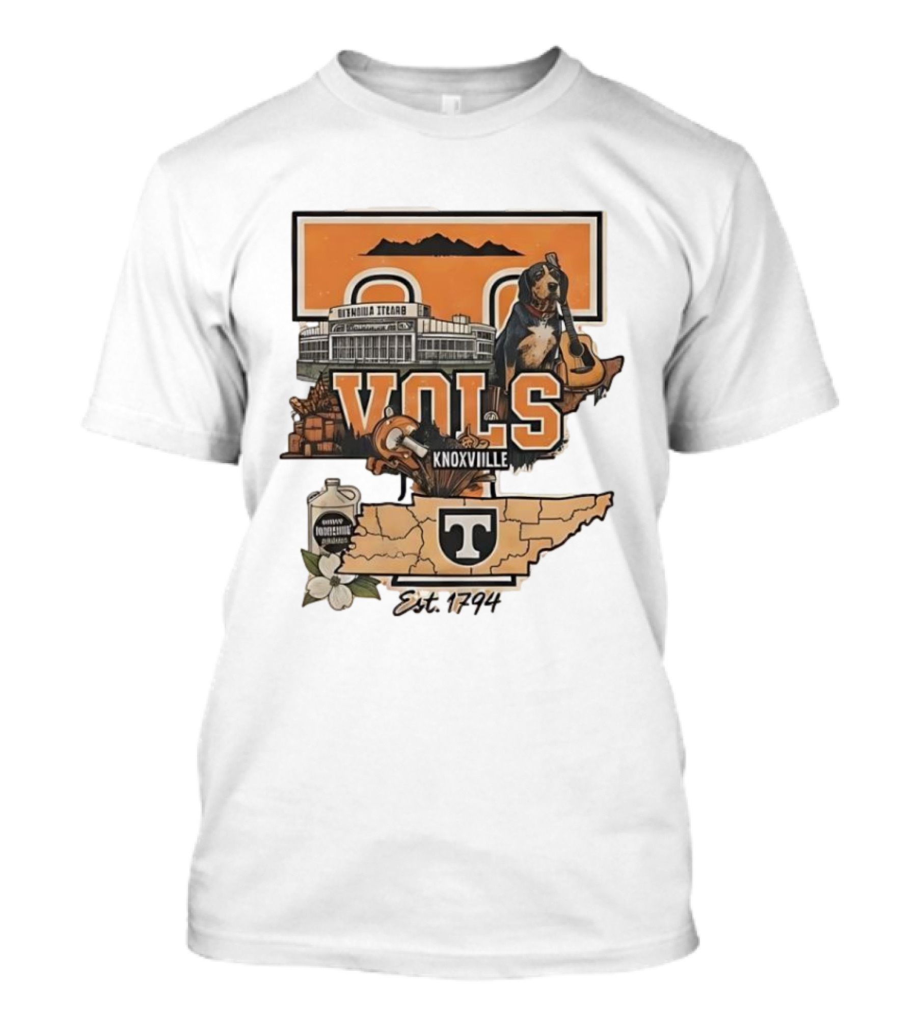 University Of Tennessee Volunteers Knoxville Vols Neyland Stadium Smokey Mascot Est 1794 Map Outline T-Shirt