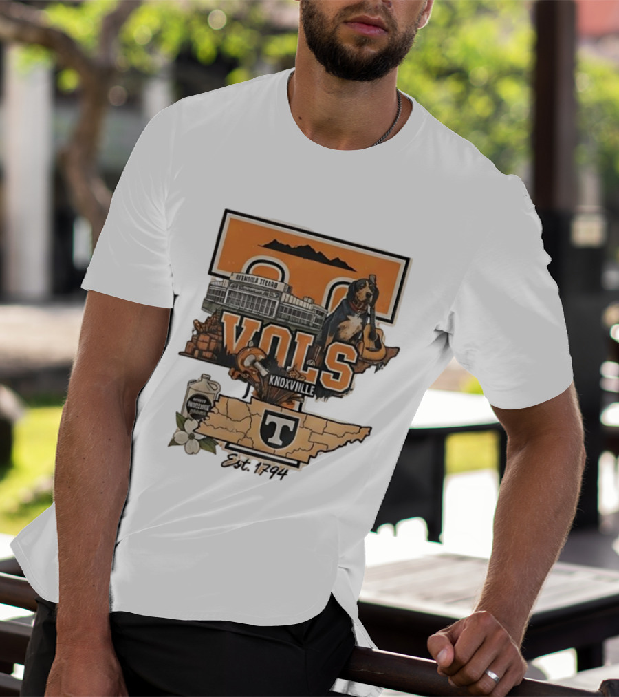 University Of Tennessee Volunteers Knoxville Vols Neyland Stadium Smokey Mascot Est 1794 Map Outline T-Shirt
