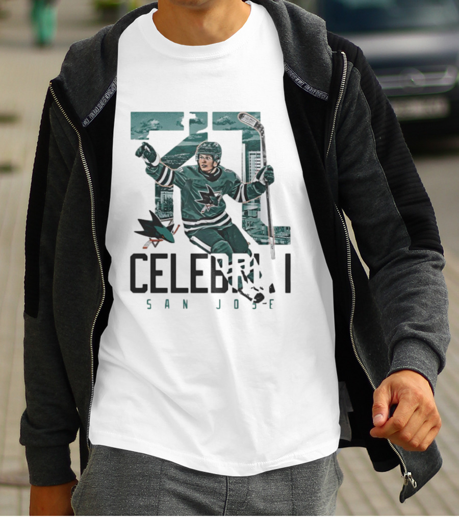 San Jose Sharks 71 Celebrini Landmark Skyline Hockey T-Shirt