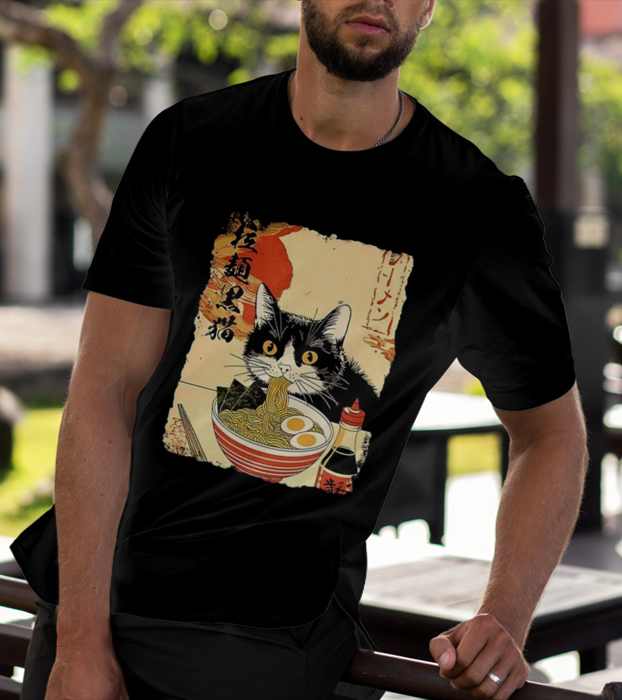 Japanese Black Cat Ramen Ukiyo E Retro Style With Kanji T-Shirt