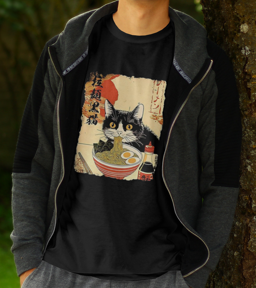 Japanese Black Cat Ramen Ukiyo E Retro Style With Kanji T-Shirt