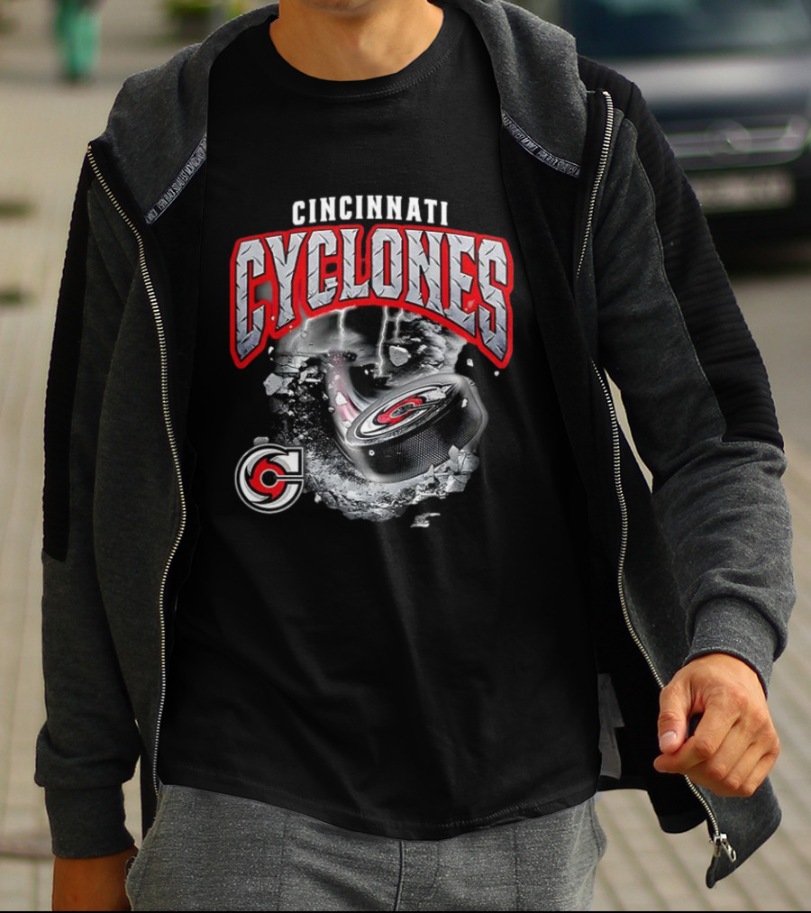 Cincinnati Cyclones Ice Hockey Storm Warning Puck Shattering Ice T-Shirt