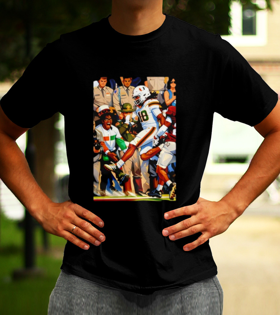Miami Hurricanes Football Touchdown Celebration Game Day Action Scene T-Shirt