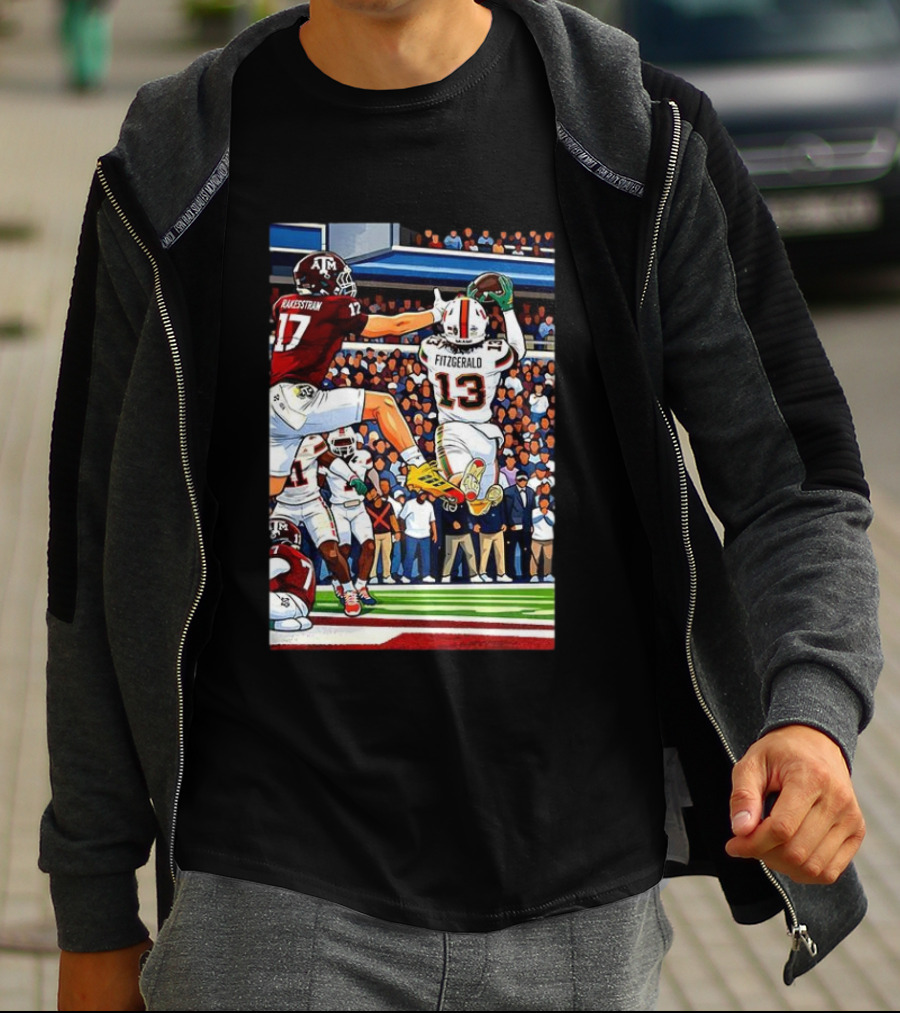 Miami Hurricanes Rakestraw 17 Vs Texas A&M Aggies Fitzgerald 13 NCAA CFP 2025 Match Football Action T-Shirt