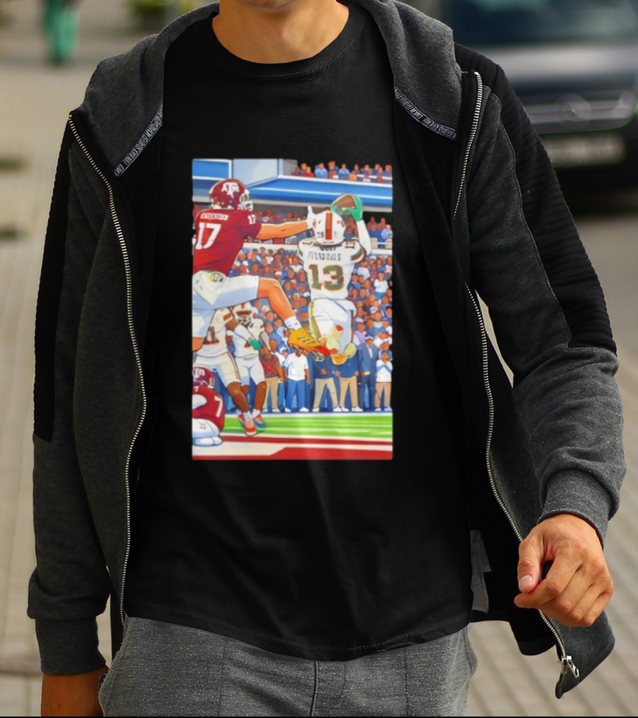 Miami Hurricanes Vs Texas A&M Football Game Fitzgerald 13 Rakestraw 17 Stadium Scene T-Shirt