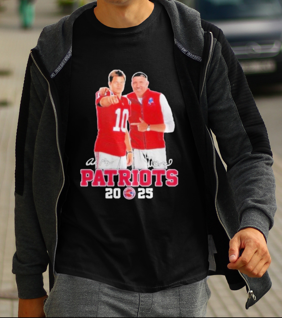 Mike Vrabel Drake Maye Patriots 2025 Signatures T-Shirt