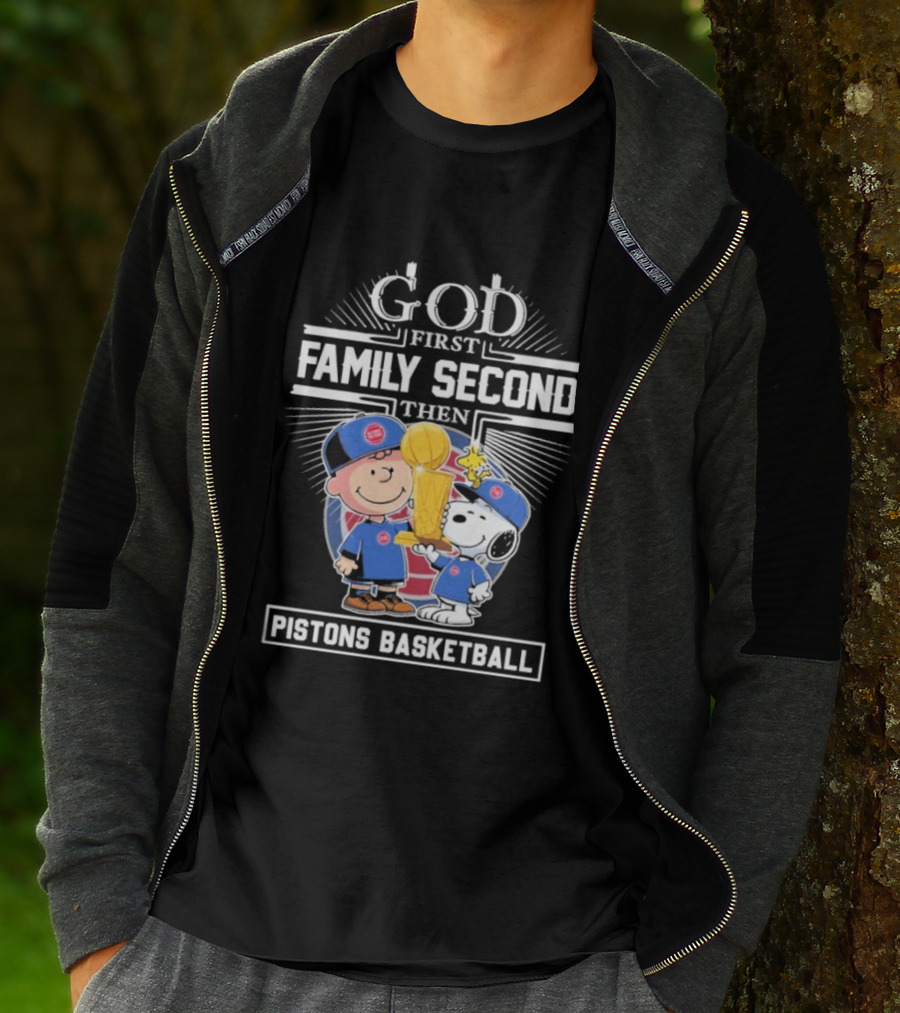 God First Family Second Then Pistons Basketball Snoopy Charlie Brown Trophy T-Shirt