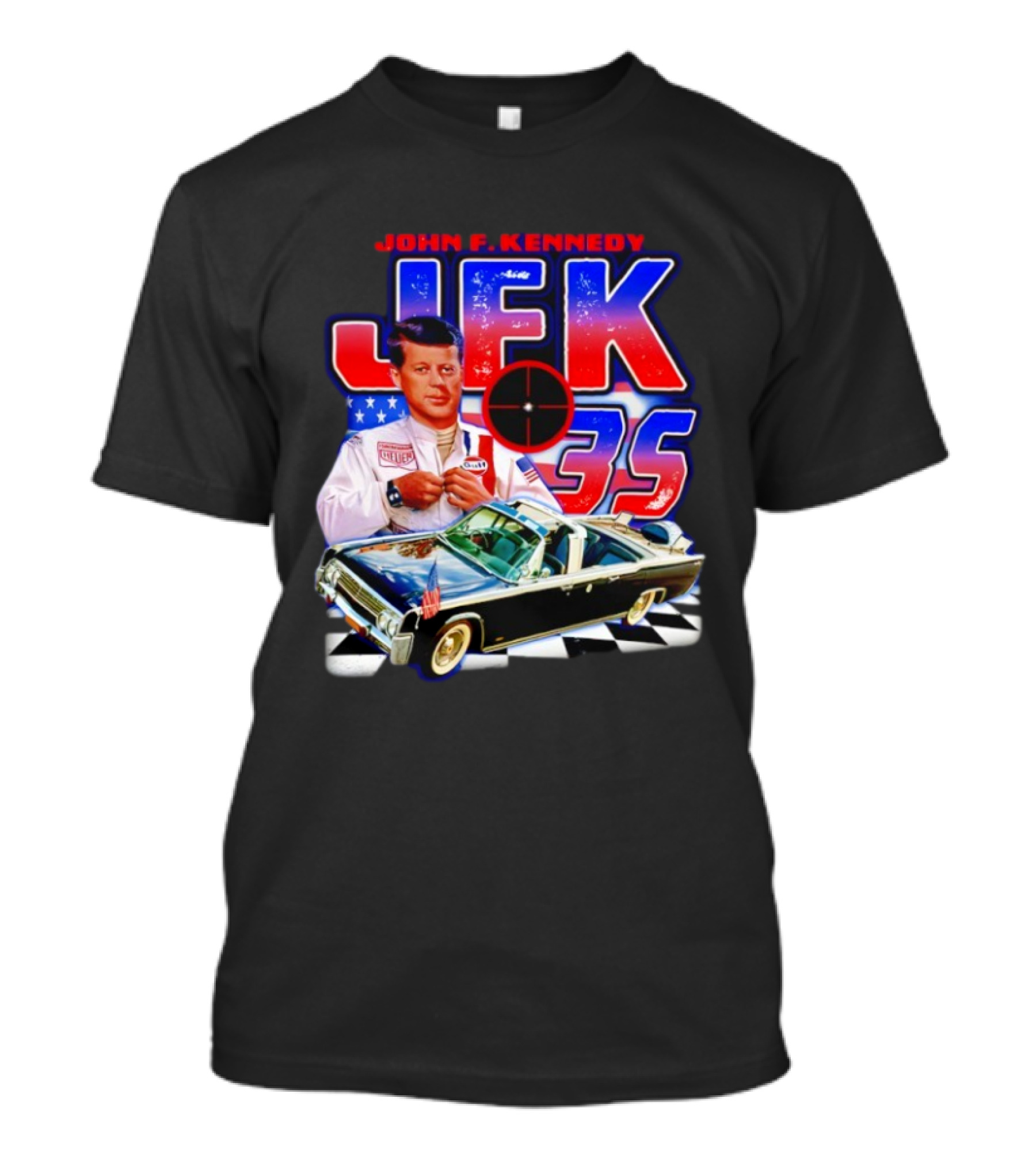 John F. Kennedy JFK 35 Racer Car USA Flag T-Shirt