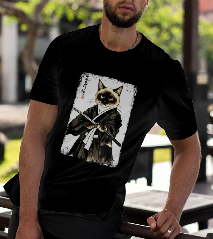 Siamese Cat Samurai Warrior Japanese Vantage Painting Kanji T-Shirt