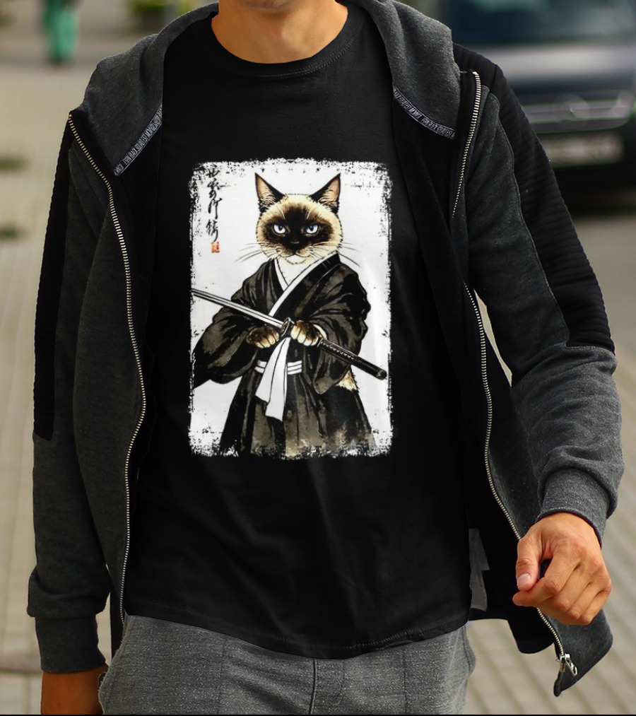 Siamese Cat Samurai Warrior Japanese Vantage Painting Kanji T-Shirt