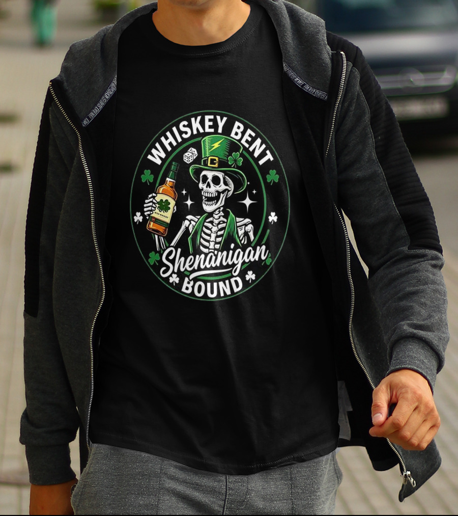 Whiskey Bent Shenanigan Bound Drinking Skeleton Clover Hat Dice T-Shirt