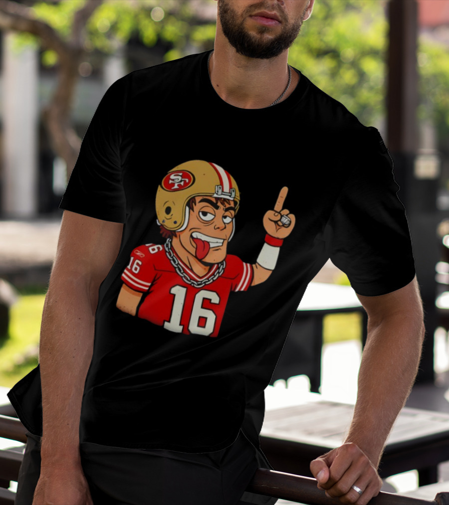 Legendary Quarterback Joe Montana #16 San Francisco 49ers Cartoon Helmet Tongue Out T-Shirt
