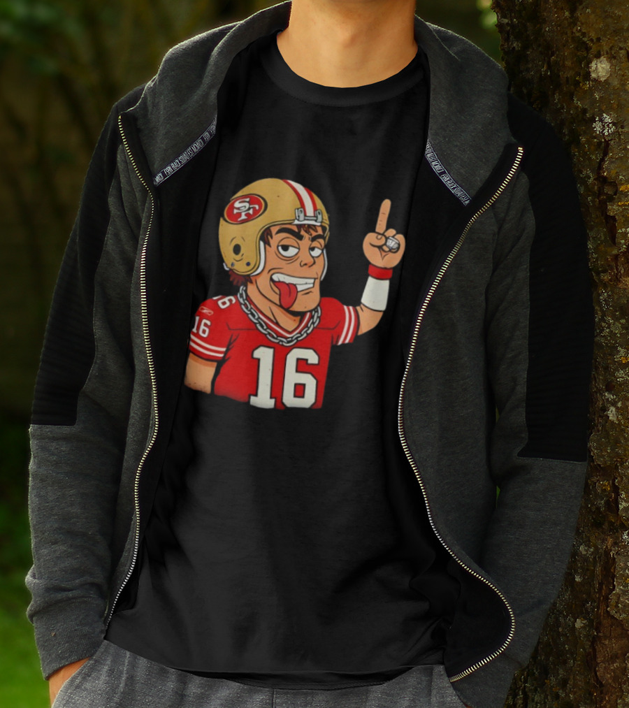 Legendary Quarterback Joe Montana #16 San Francisco 49ers Cartoon Helmet Tongue Out T-Shirt