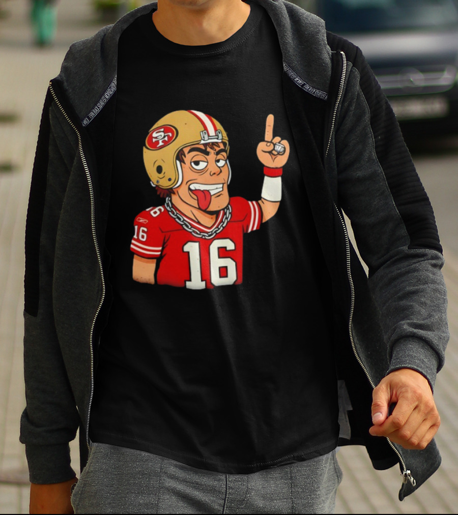 Legendary Quarterback Joe Montana #16 San Francisco 49ers Cartoon Helmet Tongue Out T-Shirt