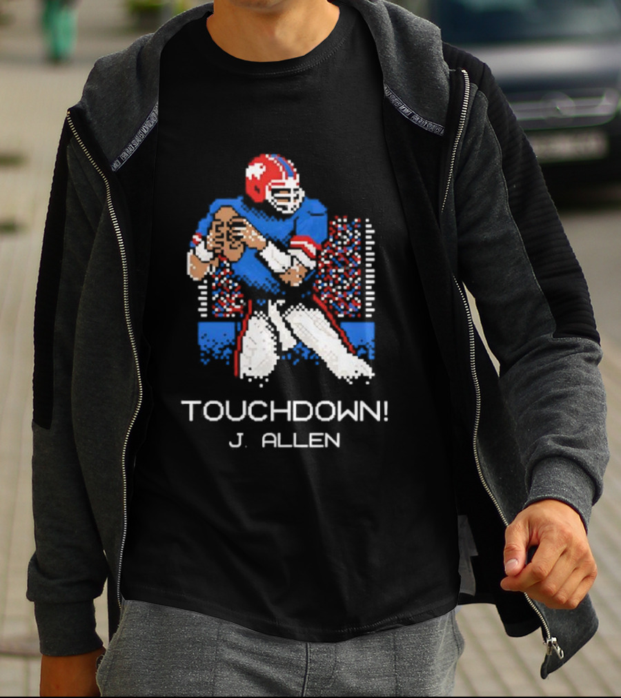 TOUCHDOWN J ALLEN Retro Football Quarterback Blue Red Helmet T-Shirt