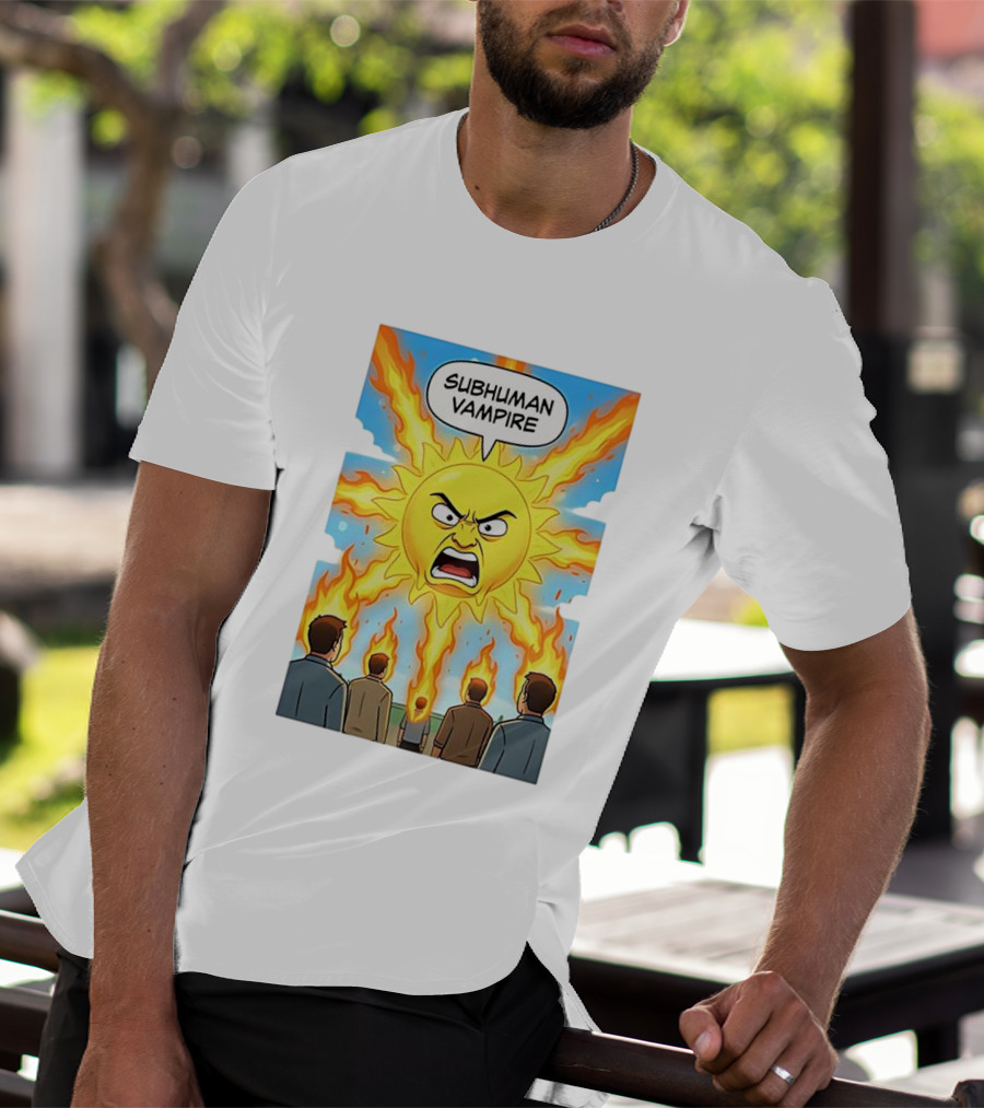 Subhuman Vampire Angry Sun Cartoon With Flames T-Shirt