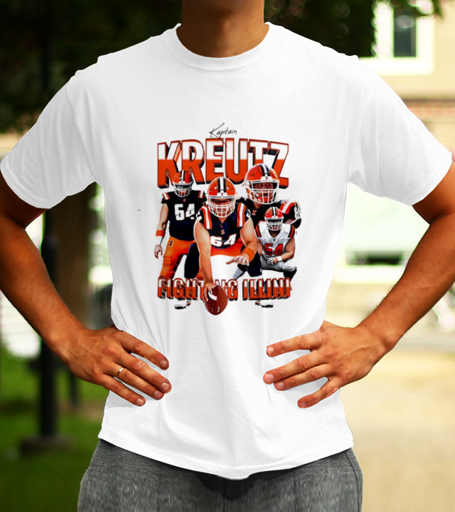 Kreutz Fighting Illini Football Player Action Pose Orange And Blue T-Shirt