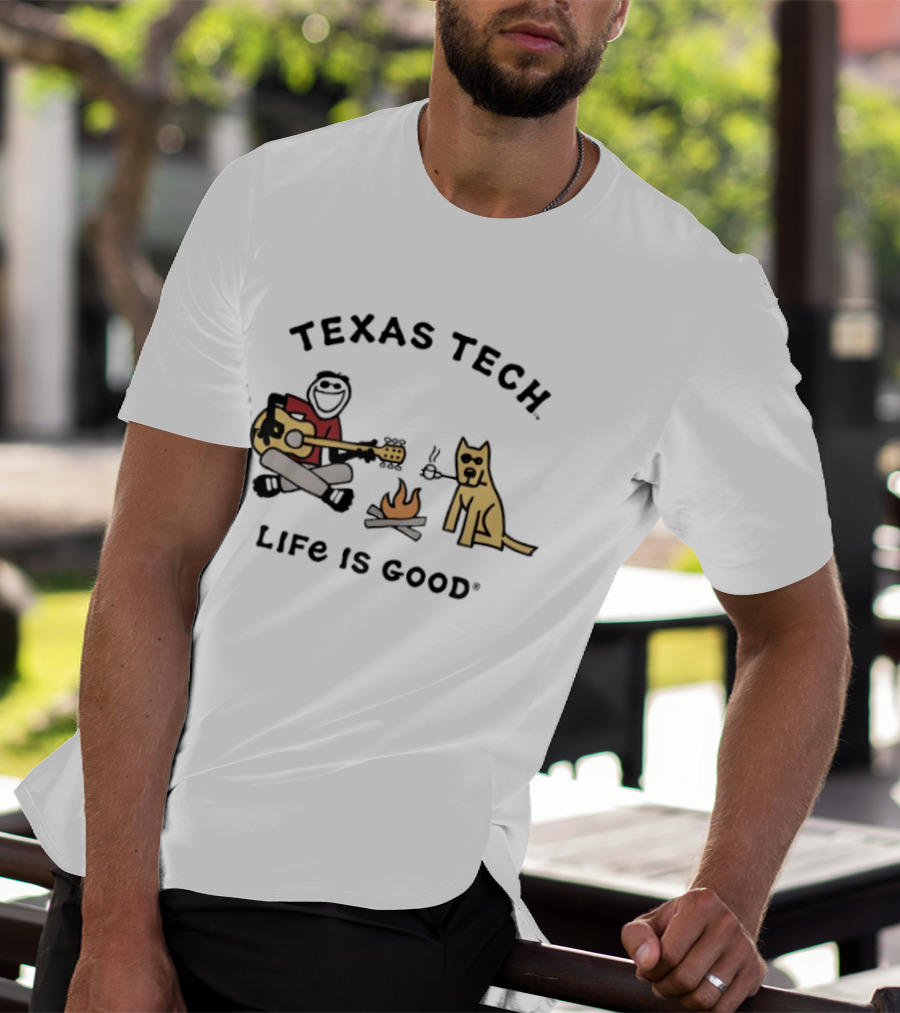 Texas Tech Life Is Good Jake Dog With Guitar And Campfire T-Shirt