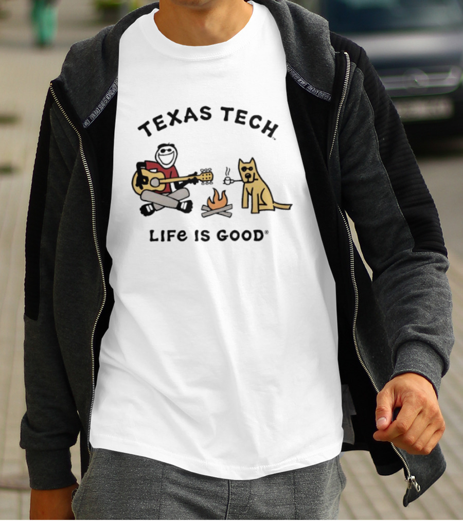 Texas Tech Life Is Good Jake Dog With Guitar And Campfire T-Shirt