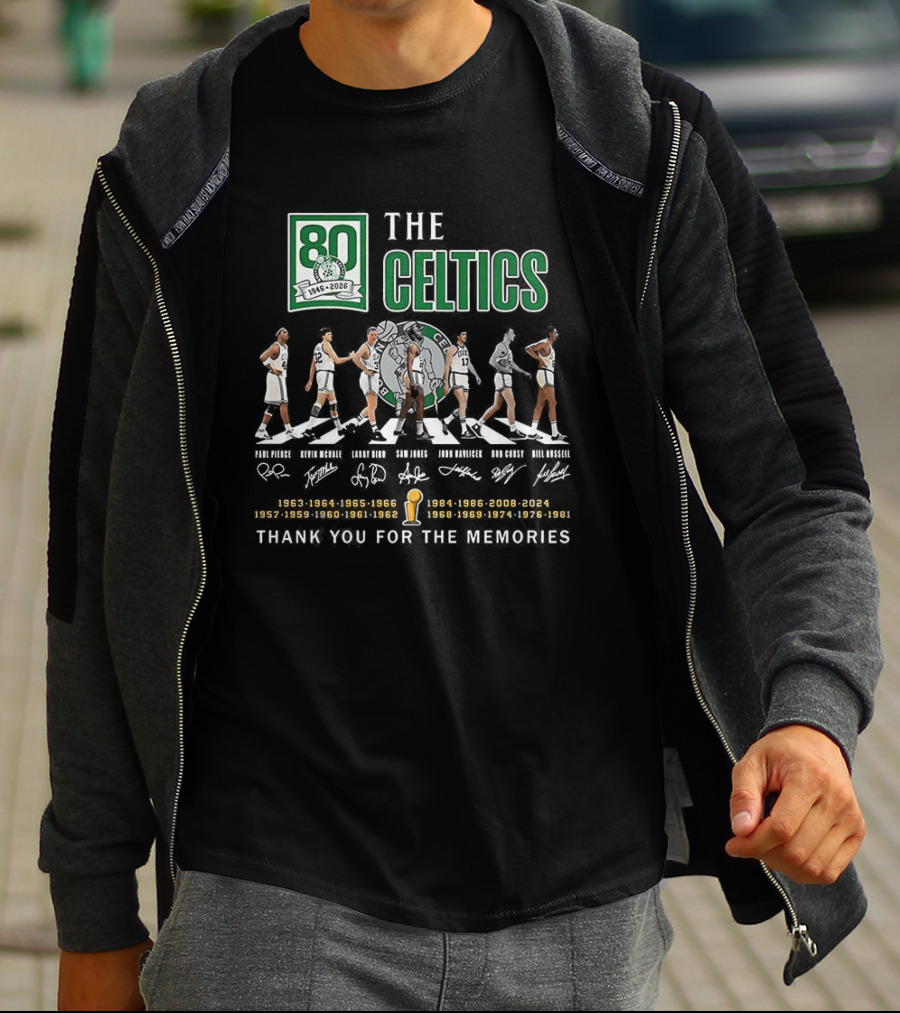 Boston Celtics 80th Anniversary Legendary Players Coaches Signatures Commemorative 1950s 1960s 1970s 1980s T-Shirt