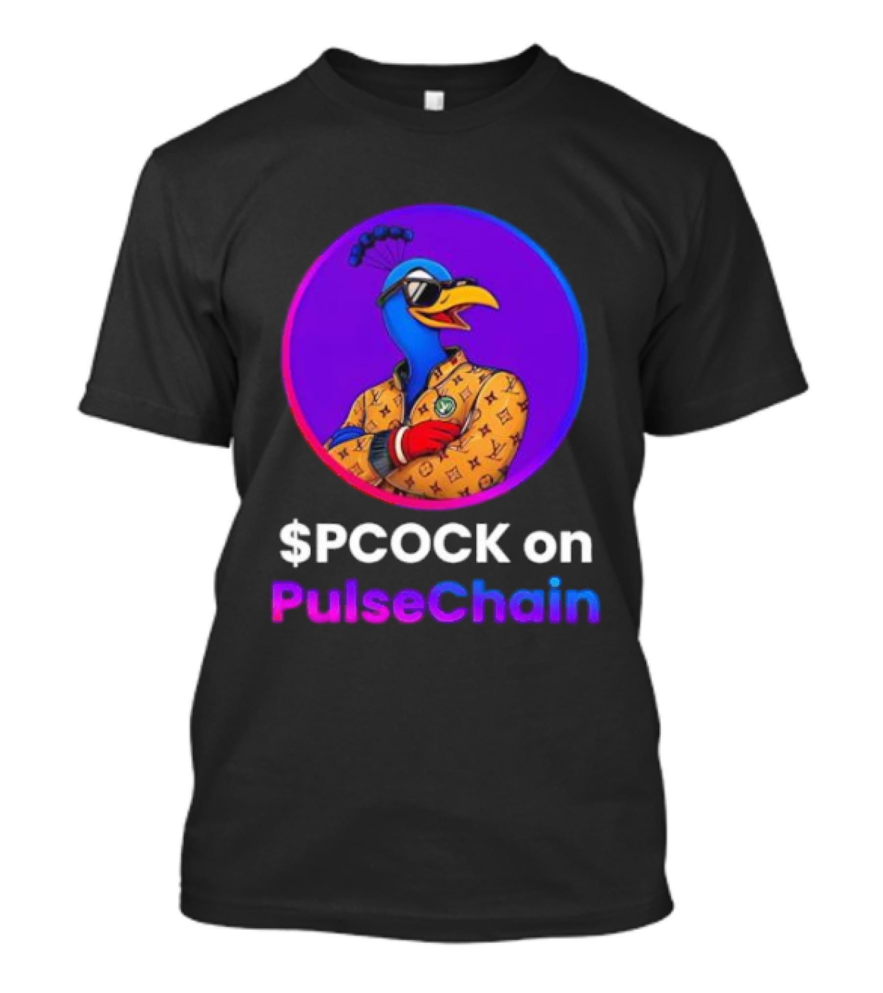 $PCOCK On PulseChain Peacock With Sunglasses And Patterned Outfit T-Shirt