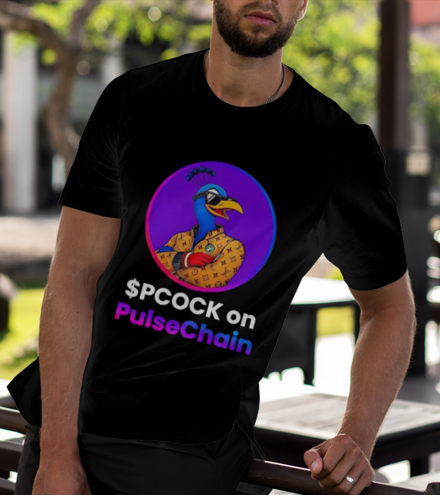 $PCOCK On PulseChain Peacock With Sunglasses And Patterned Outfit T-Shirt