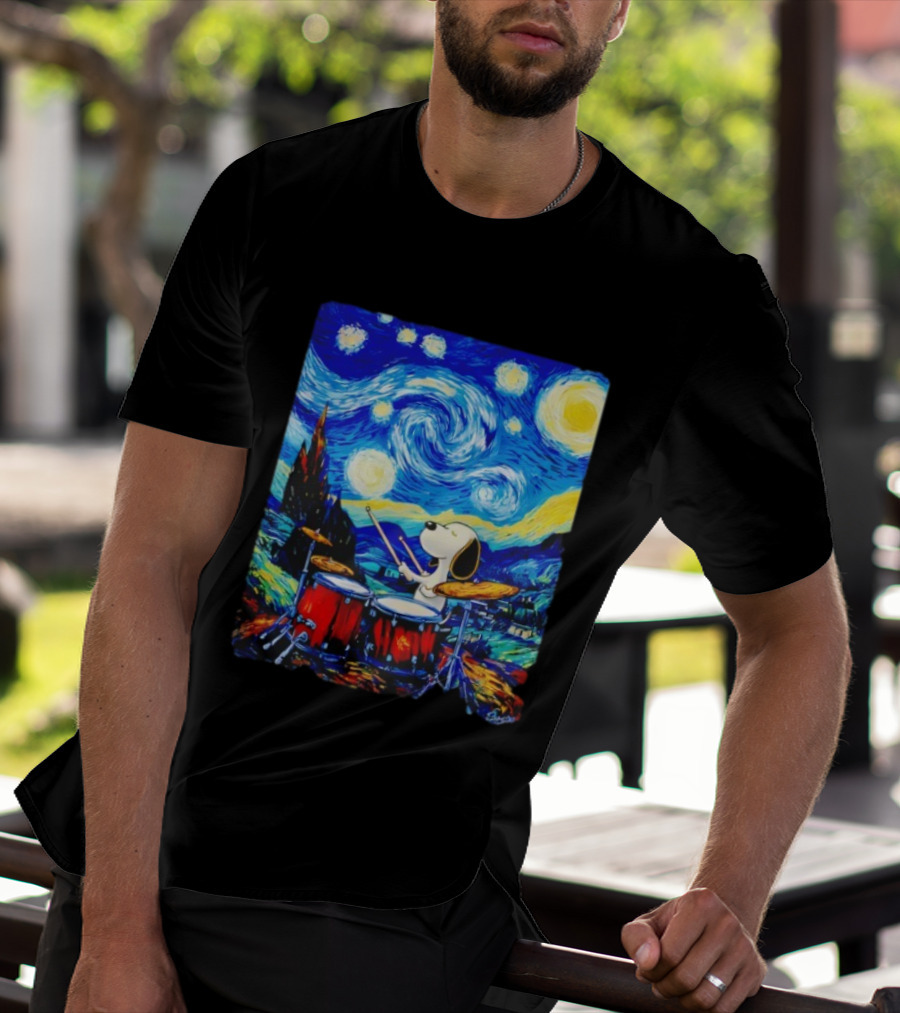 Snoopy Playing Drums Starry Night Van Gogh T-Shirt