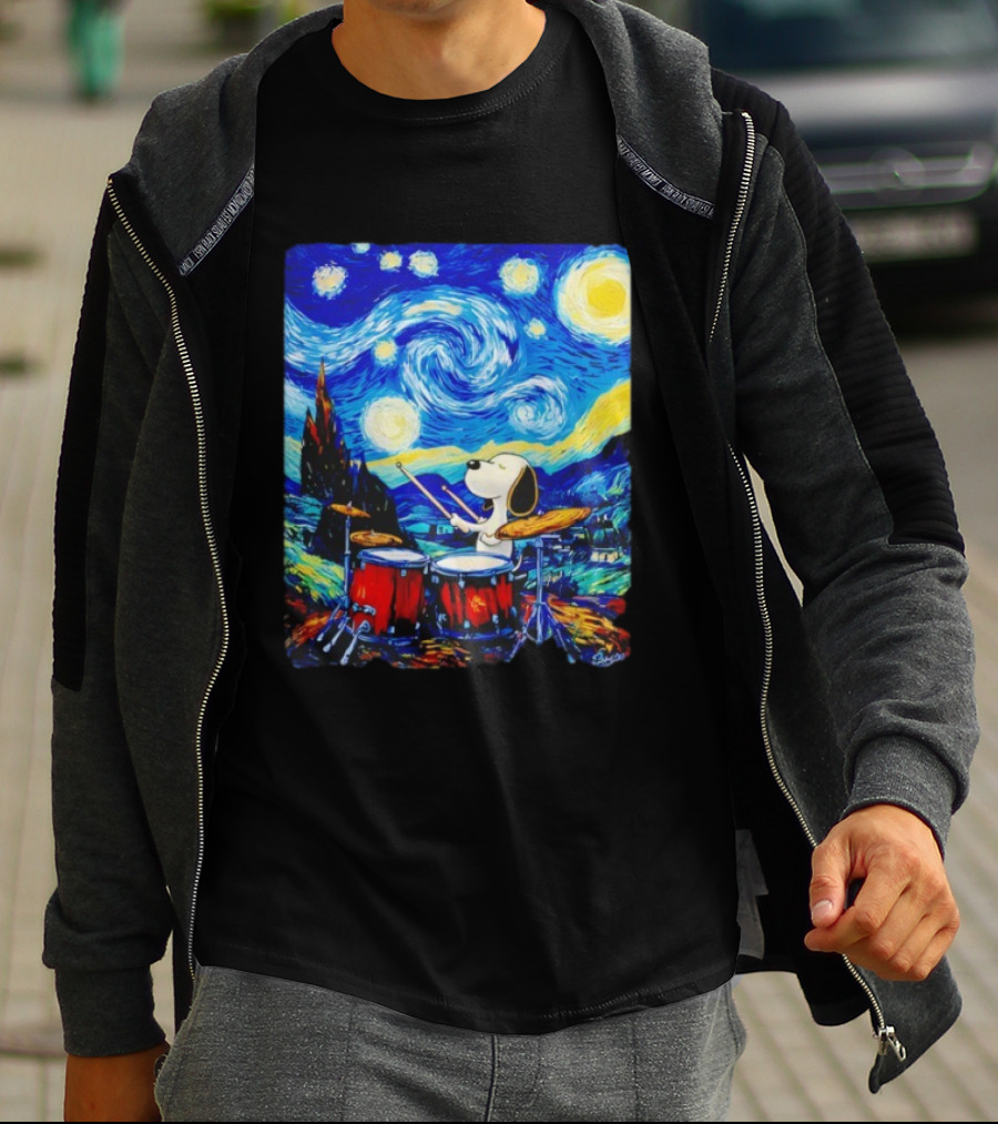 Snoopy Playing Drums Starry Night Van Gogh T-Shirt