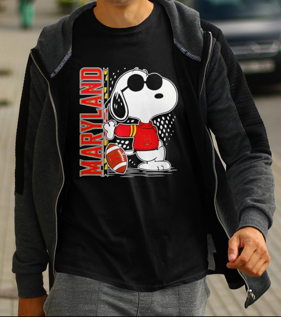 Snoopy Joe Cool With Football And Maryland Terrapins T-Shirt