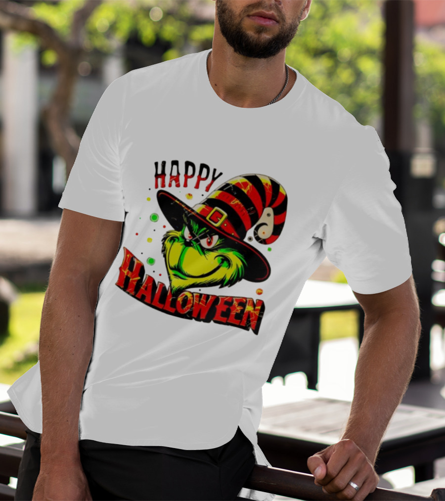 Happy Halloween Grinch Witch Hat Striped Festive T-Shirt