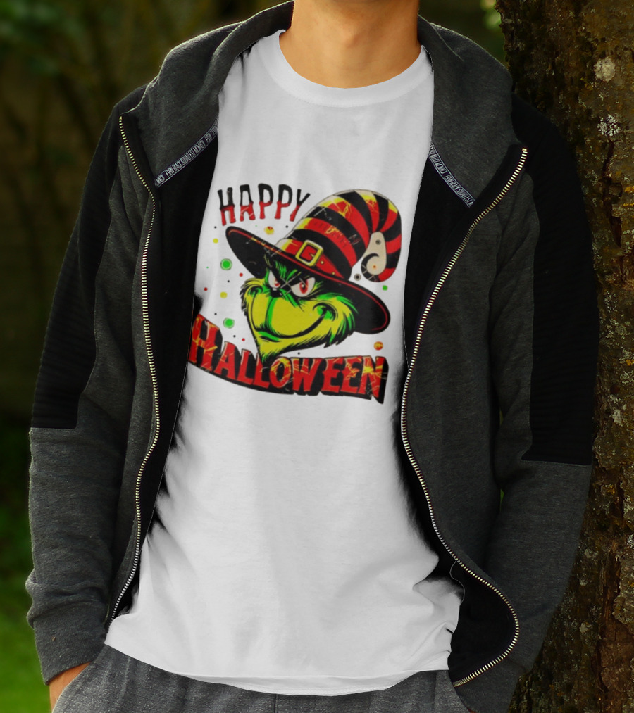 Happy Halloween Grinch Witch Hat Striped Festive T-Shirt