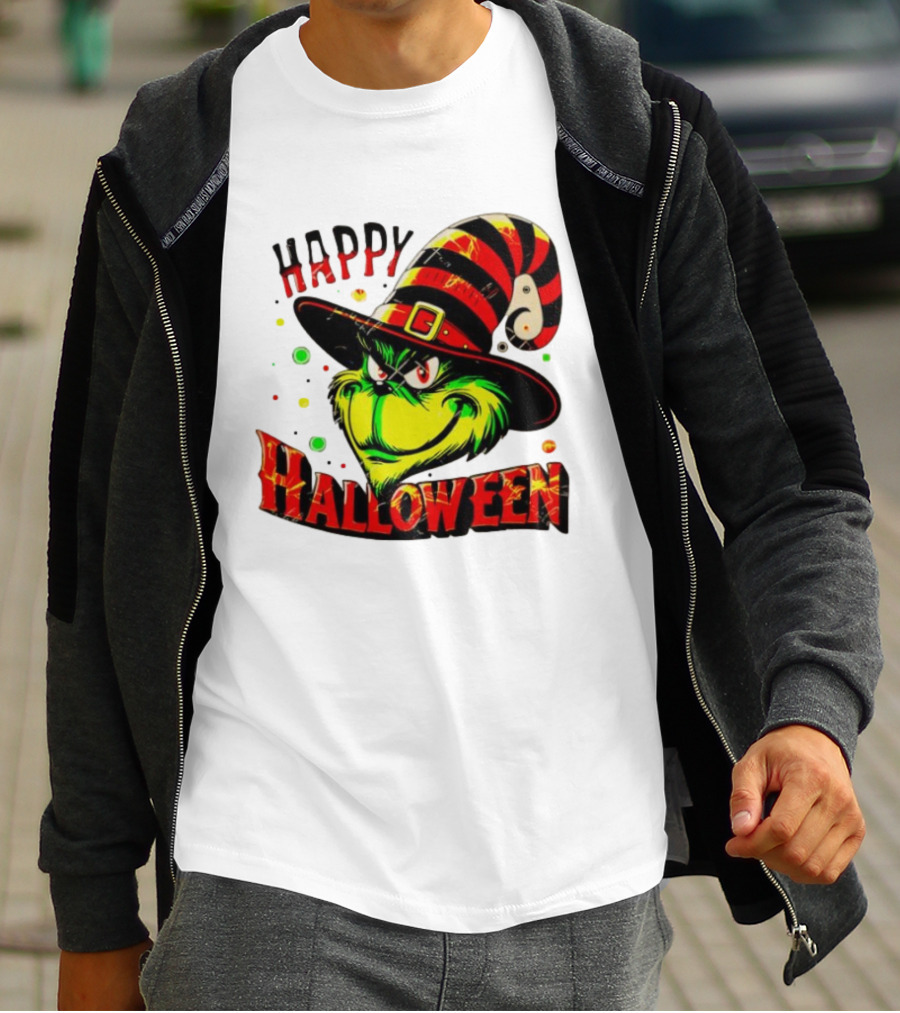 Happy Halloween Grinch Witch Hat Striped Festive T-Shirt