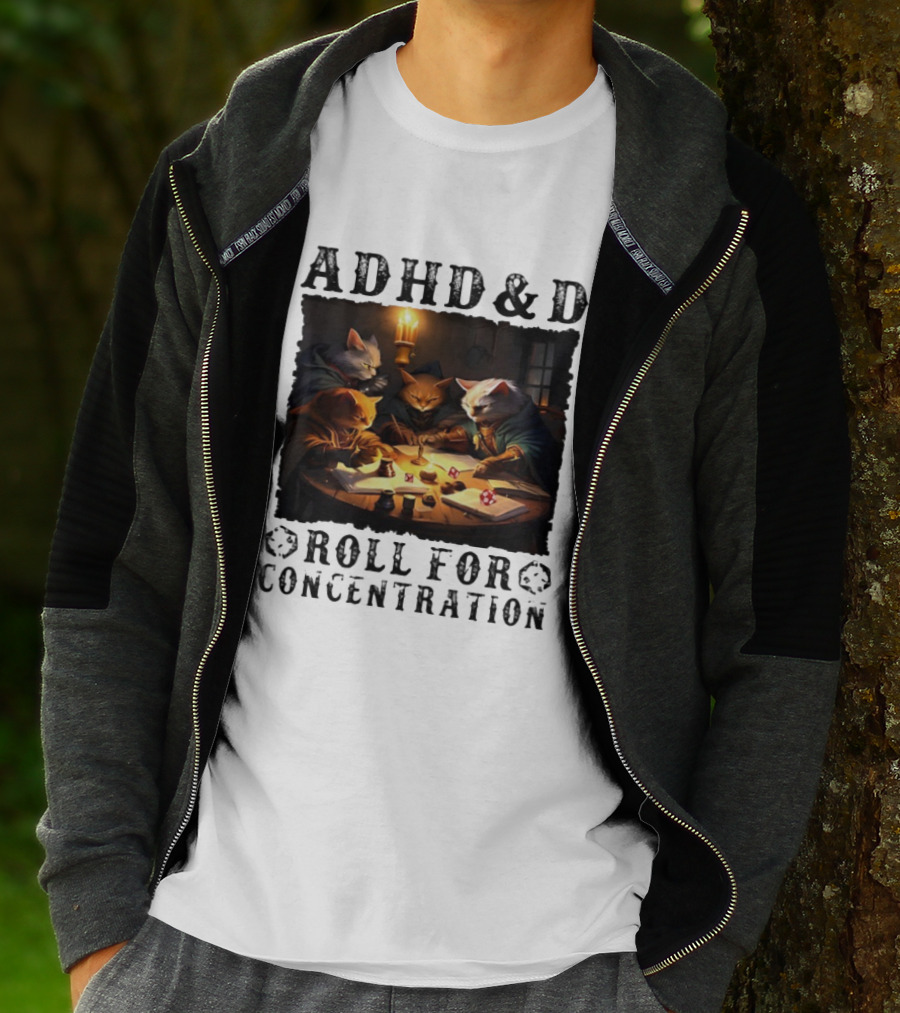 ADHD D Roll For Concentration Cats Playing Game Candlelight Table T-Shirt