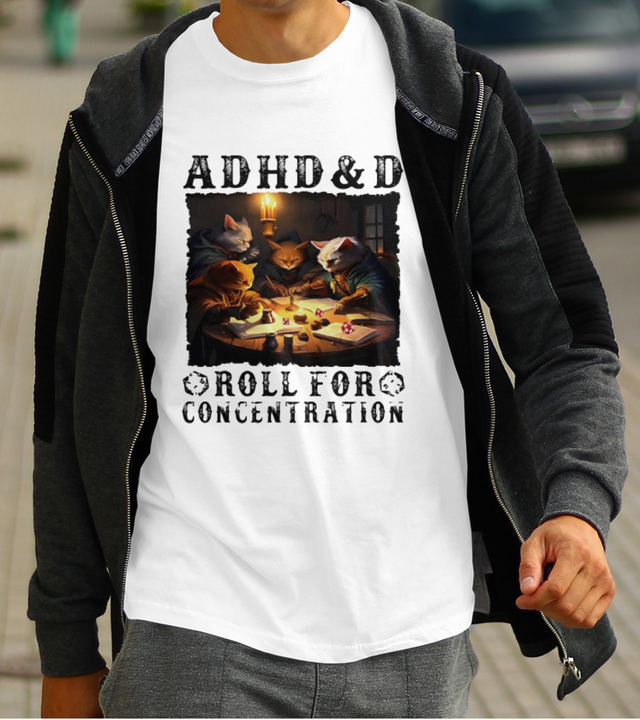 ADHD D Roll For Concentration Cats Playing Game Candlelight Table T-Shirt