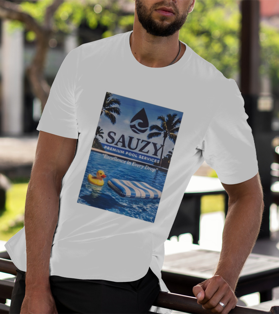 Sauzy Premium Pool Services Excellence In Every Drop Floating Fun With Duck And Lounger Palm Oasis T-Shirt
