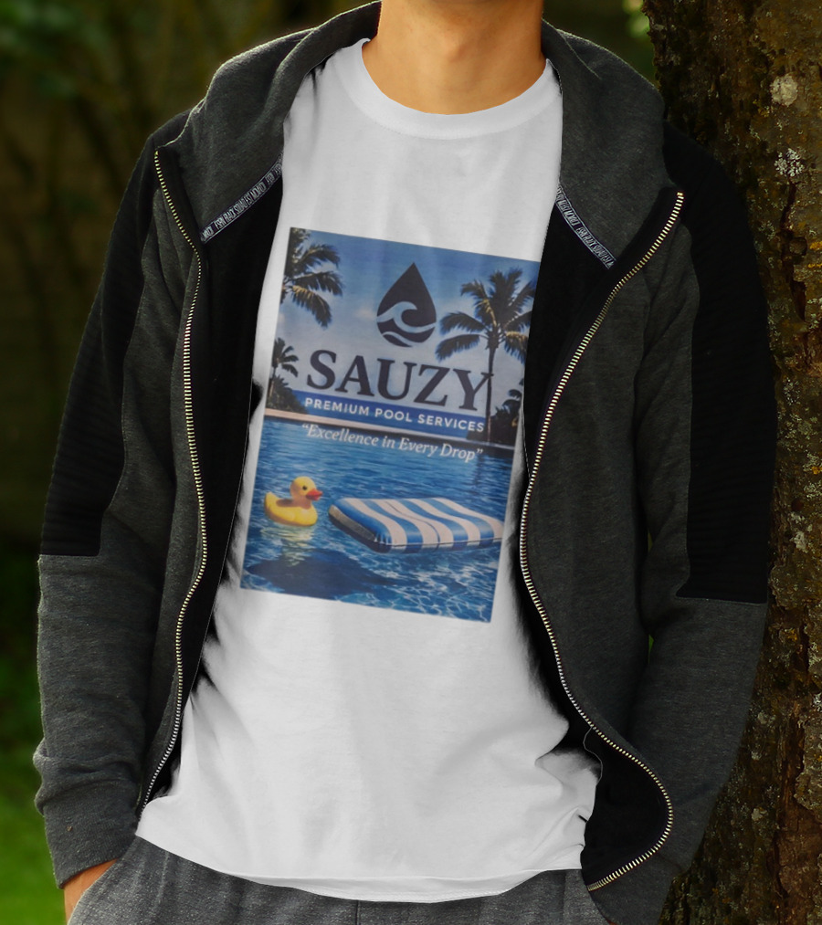 Sauzy Premium Pool Services Excellence In Every Drop Floating Fun With Duck And Lounger Palm Oasis T-Shirt