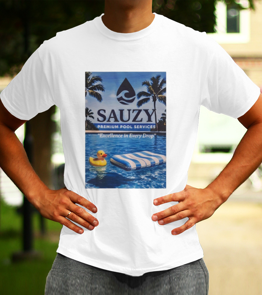 Sauzy Premium Pool Services Excellence In Every Drop Floating Fun With Duck And Lounger Palm Oasis T-Shirt