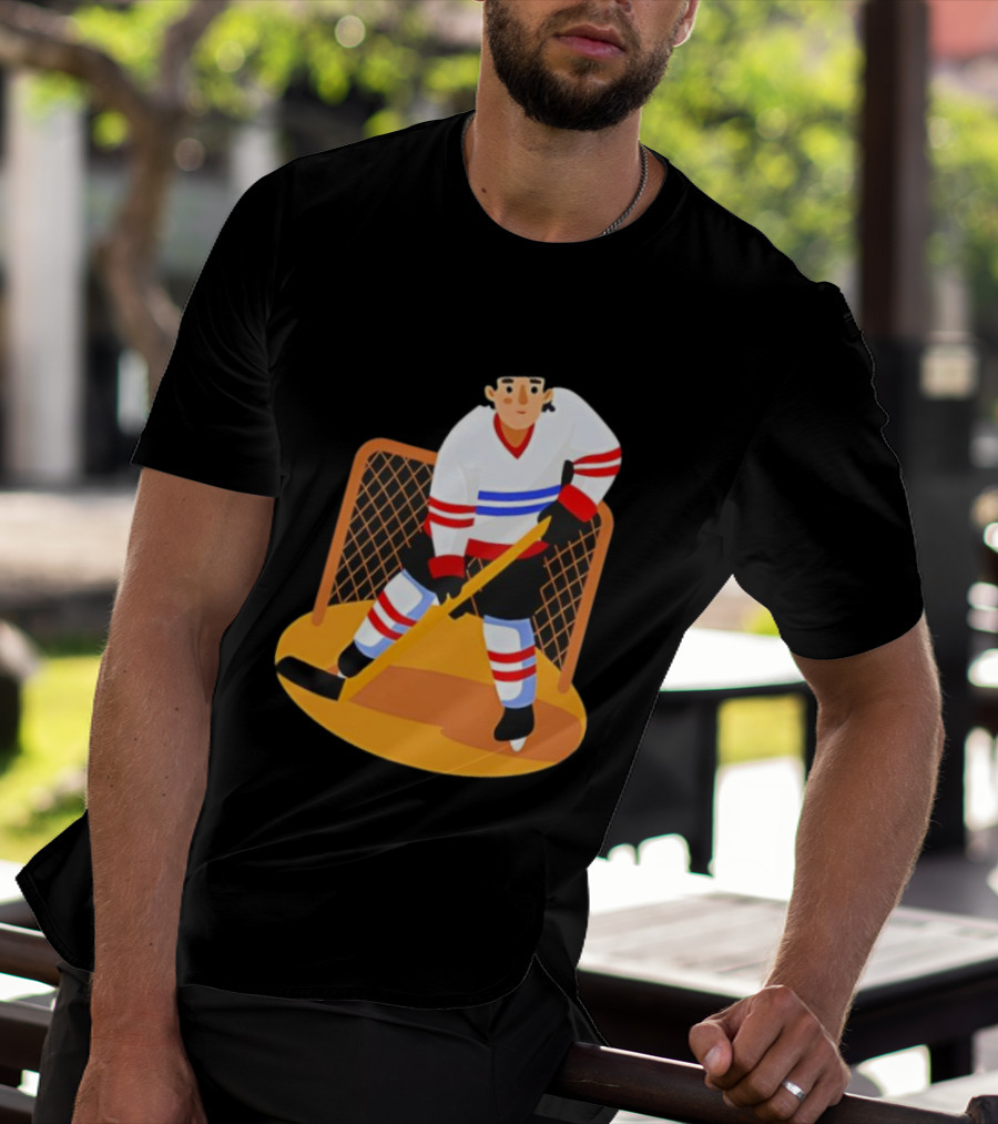 Ice Hockey Goalie In Action With Stick And Net Background T-Shirt