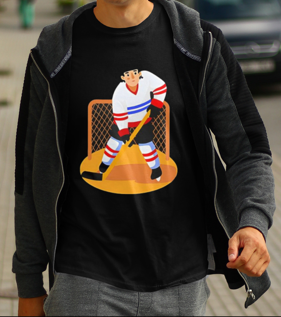 Ice Hockey Goalie In Action With Stick And Net Background T-Shirt