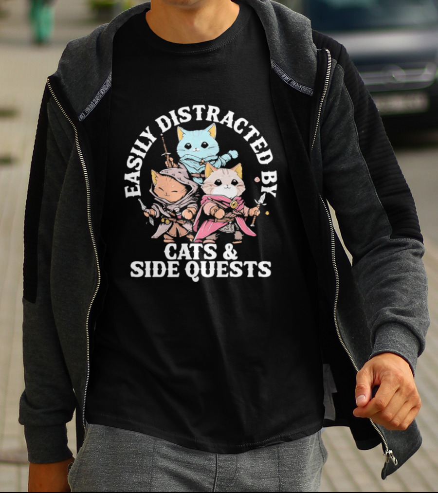 Easily Distracted By Cats And Side Quests Adventure Cats T-Shirt