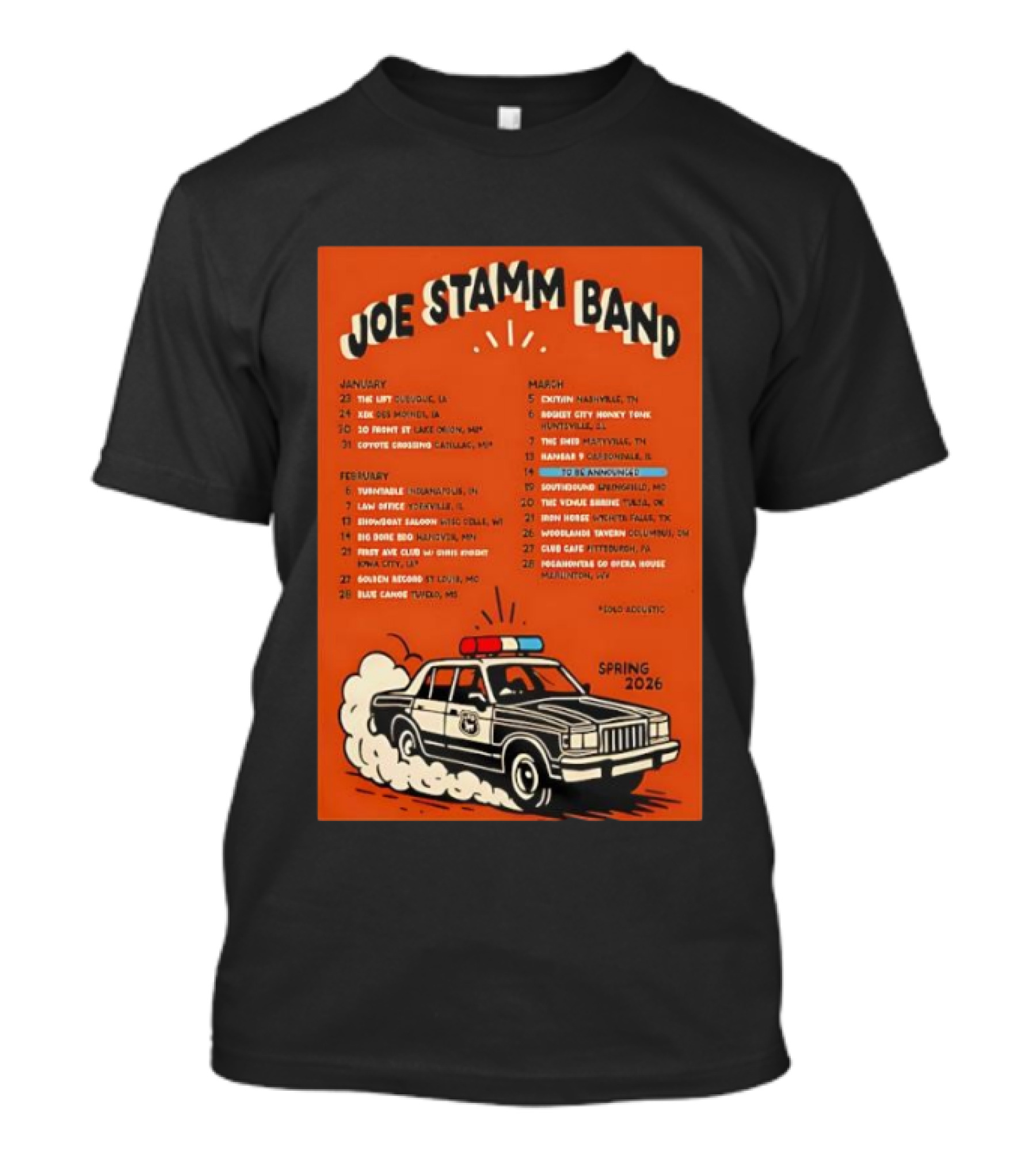Joe Stamm Band Spring 2026 Tour Dates With Vintage Police Car T-Shirt
