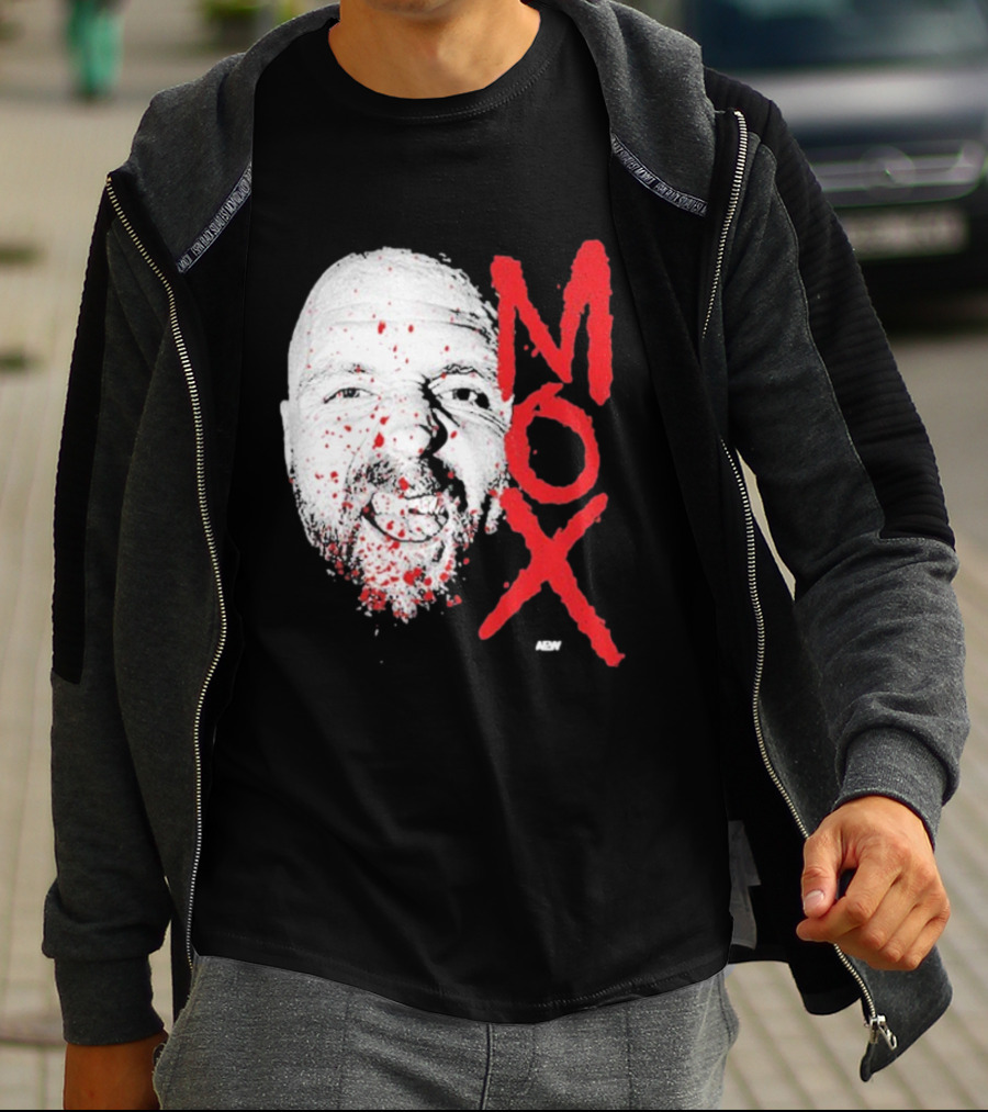 Moxley Big Head Mox Text Blood Splatter T-Shirt